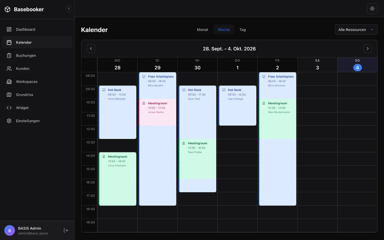 Basebooker: Der Kalender in der Wochenansicht