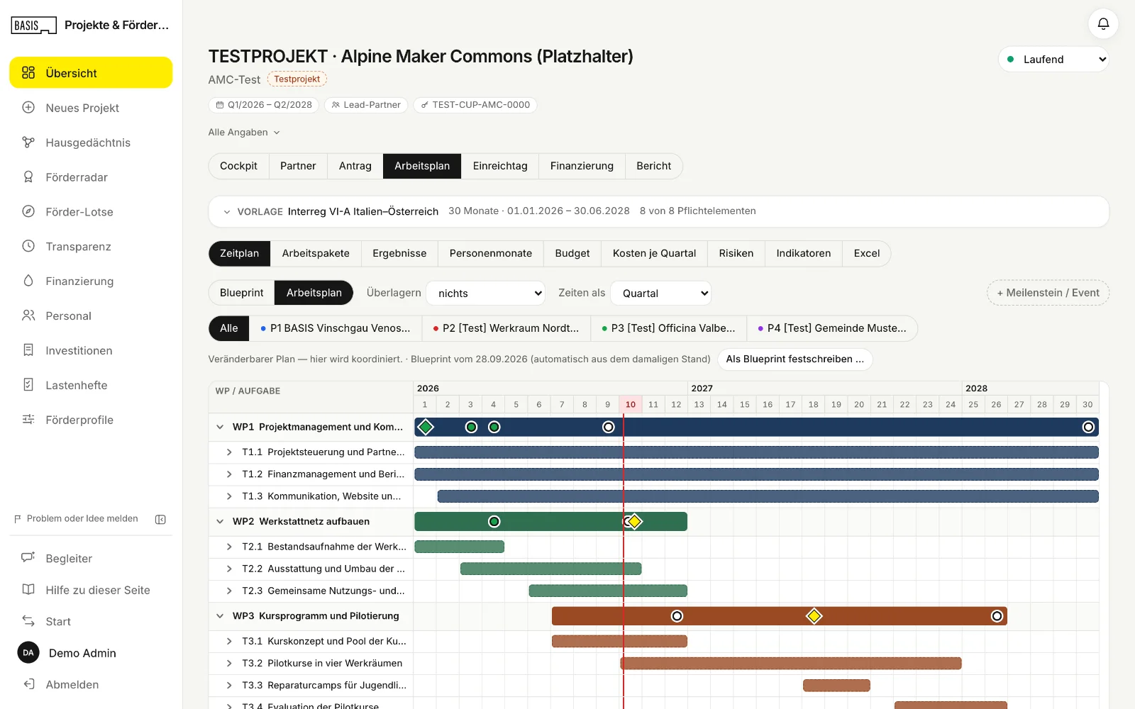BASIS Vinschgau: Der Arbeitsplan eines Projekts mit Arbeitspaketen und Zeitplan