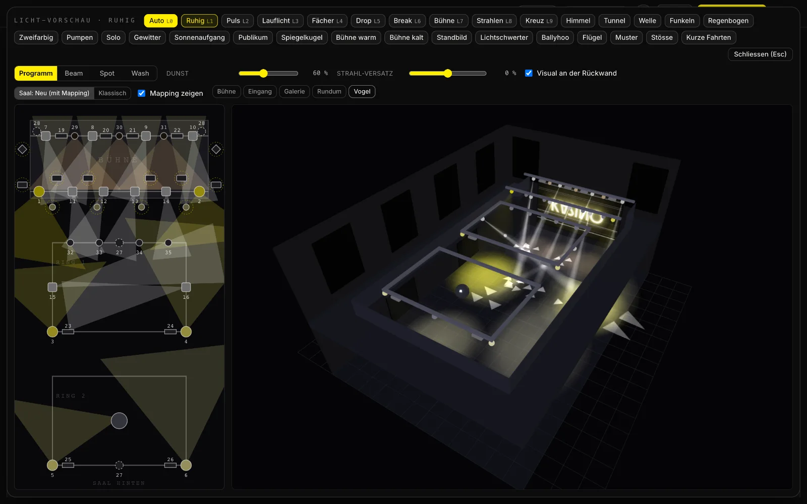 BASIS Vinschgau: KASINO: der Lichtplan und der Saal in 3D mit Truss, Scheinwerfern und Strahlen im Dunst