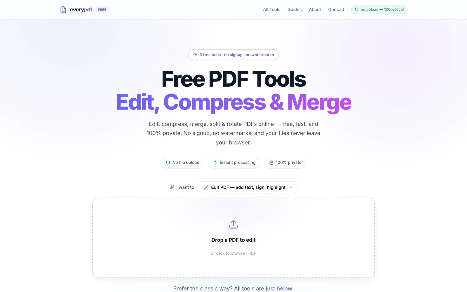 everypdf · everyimg · everycalc: everypdf: die Startseite mit allen Werkzeugen