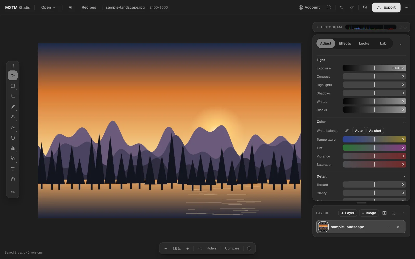 MXTM Studio: Der Editor mit geladenem Bild: Licht, Farbe und Details