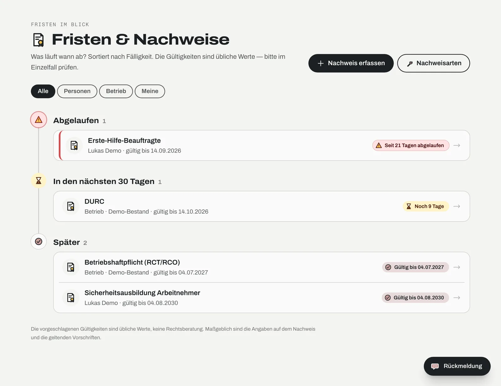 Fristen & Nachweise als Zeitstrahl: abgelaufen, in den nächsten 30 Tagen, später. Darunter Erste Hilfe, DURC, Betriebshaftpflicht und Sicherheitsausbildung.